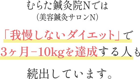 むらた鍼灸院Nでは「我慢しないダイエット」で3ヶ月－10kgを達成する人も続出しています。