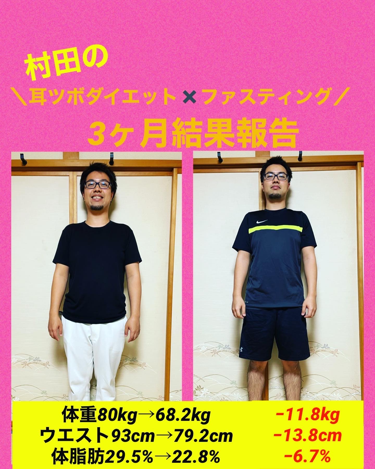 院長の村田が耳ツボファスティングで-11kgを達成したBeforeAfter写真